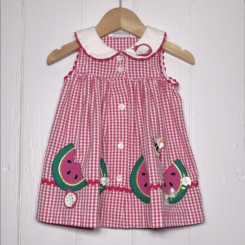 VINTAGE 90s GOOD LAD Gingham Seersucker Watermelon Embroidered Appliqué Dress